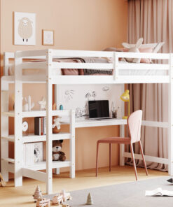 Twin Size Wooden Loft Bed with Shelves, Desk and Writing Board - White