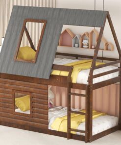 Wood Twin Size House Bunk Bed with Roof, Ladder and 2 Windows, Oak & Smoky Grey
