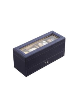 9.3" Long Tempered Glass and Leather Jewelry / Watch Display with Drawers, Blue