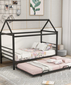 Twin Size Metal House Shape Platform Bed with Trundle,Black