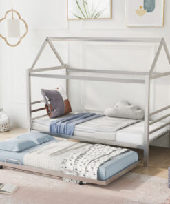 Twin Size Metal House Shape Platform Bed with Trundle,Silver
