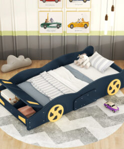 Twin Size Race Car-Shaped Platform Bed with Wheels and Storage, Dark Blue+Yellow