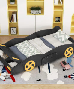 Twin Size Race Car-Shaped Platform Bed with Wheels and Storage, Black+Yellow