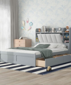 Wood Queen Size Platform Bed with Storage Headboard, Shelves and 4 Drawers, Gray