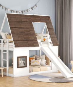 Wood Twin Size House Bunk Bed with Roof, Ladder and Slide, White+Brown
