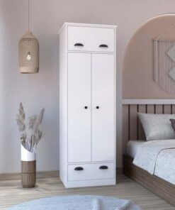 White dresser-closet with upper storage covered with 1 door, this wardrobe also has 2 central shelves and 1 tube for hanging clothes covered by 2 doors, and 1 drawer at the bottom.