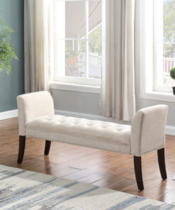 Bed end bench, button tufted design, bedroom entrance bench with armrest and solid wood legs, suitable for bedroom, beige