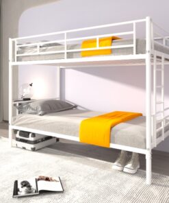 White Twin over Twin Metal Bunk Bed with Removable Ladder, Comfortable Rungs, Easy to assemble