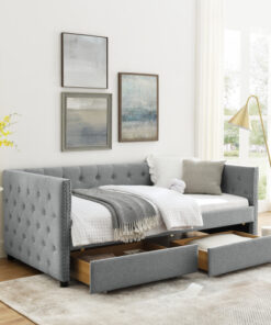 Upholstered Twin Size Daybed with Two Drawers, with Button and Copper Nail on Square Arms, Grey (82.75''x43''x30.75'')