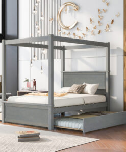 Wood Canopy Bed with Trundle Bed and two Drawers ,Full Size Canopy Platform bed With Support Slats .No Box Spring Needed, Brushed Gray