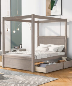 Wood Canopy Bed with four Drawers ,Full Size Canopy Platform Bed With Support Slats .No Box Spring Needed, Brushed Light Brown