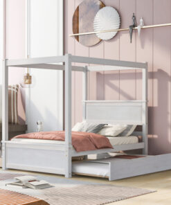 Wood Canopy Bed with Trundle Bed and two Drawers ,Full Size Canopy Platform bed With Support Slats .No Box Spring Needed, Brushed White
