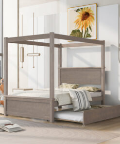 Wood Canopy Bed with Trundle Bed and two Drawers ,Full Size Canopy Platform bed With Support Slats .No Box Spring Needed, Brushed Light Brown