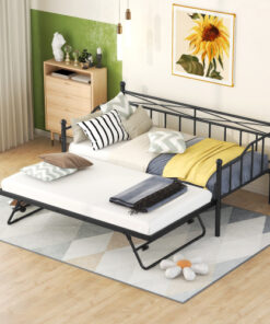 Twin Size Metal Daybed with Twin Size Adjustable Trundle, Portable Folding Trundle, Black