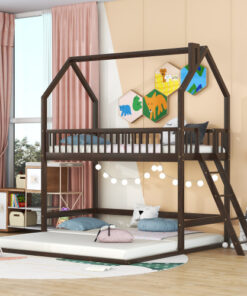 Twin Over Twin-Twin House Bunk Bed with Extending Trundle and Ladder