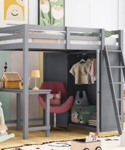 Twin Size Loft Bed with Wardrobe and Desk, Gray