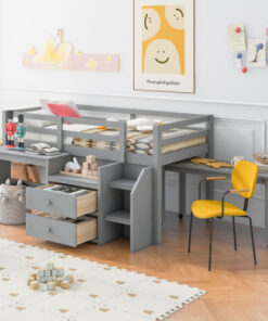 Twin Size Loft Bed with Desk and Drawers, Wooden Loft Bed with Lateral Portable Desk, Gray