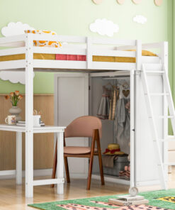 Twin Size Loft Bed with Wardrobe and Desk, White