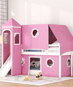 Twin Size Bunk Bed with Slide Pink Tent and Tower - Pink