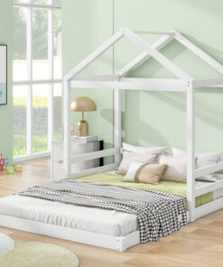 Wood Full Size House Bed with Guardrail, White