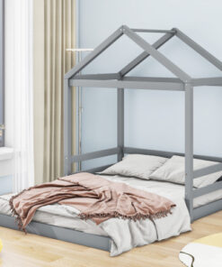 Wood Full Size House Bed with Guardrail, Grey