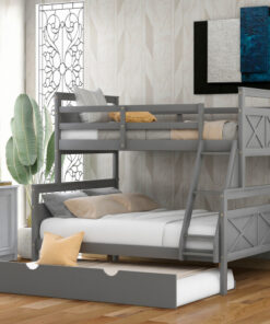Twin over Full Bunk Bed with Ladder, Twin Size Trundle, Safety Guardrail, Gray