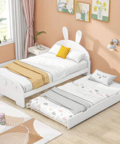 Wood Twin Size Platform Bed with Cartoon Ears Shaped Headboard and Trundle, White