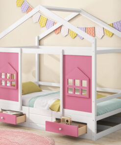 Twin Size Wood House Bed with 2 Drawers and Window Decoration, White+Pink