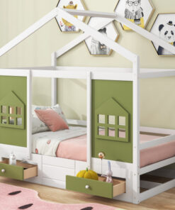 Twin Size Wood House Bed with 2 Drawers and Window Decoration, White+Olive Green