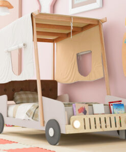Wood Twin Size Car Bed with Pillow, Ceiling Cloth and LED, Natural