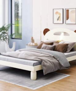 Twin Size Platform Bed with Bear Ears Shaped Headboard and LED, Cream White