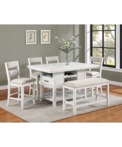 6-Piece Counter Height Dining Set White Rectangular Table Wine Bottle Storage Upholstery Chairs Open Shelf Storage Drawer Wooden Solid Wood Furniture