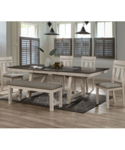 6pc Cottage Style Extendable Dining Table Set Chalk Gray Tow Tone Finish Upholstered Chair Bench Dining Room Wooden Furniture Two Self-Storing Refectory Leaves Solid Wood