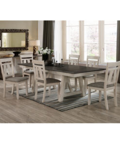 7pc Cottage Style Extendable Dining Table Set Chalk Gray Tow Tone Finish Upholstered Chair Dining Room Wooden Furniture Two Self-Storing Refectory Leaves Solid Wood