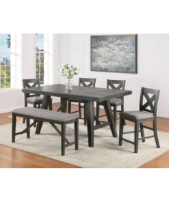 6pc Transitional Farmhouse Counter Height Dining Set Rectangular Table Upholstered Chairs Bench Dark Finish Wooden Solid Wood Dining Room Furniture Gray