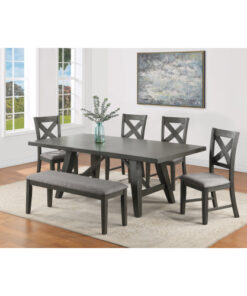 6pc Dining Set Transitional Farmhouse Style Rectangular Extendable 18" Leaf Table Upholstered Chairs Bench Dark Finish Wooden Solid Wood Dining Room Furniture Gray