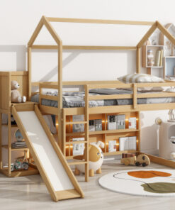 Twin Size Wood House Loft bed with Slide, Storage shelves and Light, Climbing Ramp, Wood Color