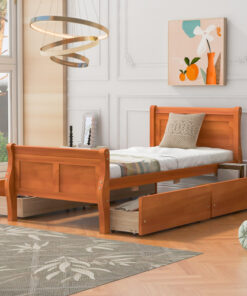 Twin Size Wood Platform Bed with 4 Drawers and Streamlined Headboard & Footboard, Oak