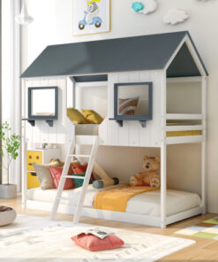 Twin Over Twin Bunk Bed Wood Bed with Roof, Window, Guardrail, Ladder (White)(OLD SKU :LT000045AAK)