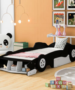 Twin Size Race Car-Shaped Platform Bed with Wheels,Black