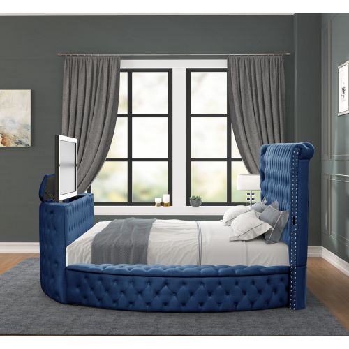 Maya Modern Style Crystal Tufted Queen Bed Made with wood in Blue - Image 6