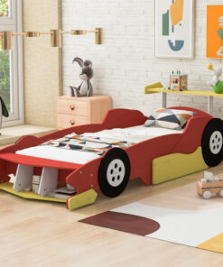 Twin Size Race Car-Shaped Platform Bed with Wheels,Red