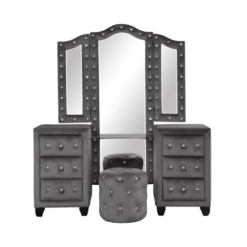 Maya Crystal Tufted Queen 4 Pc Vanity Bedroom Set Made with Wood in Gray - Image 21