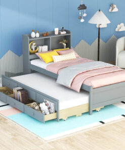 Twin Size Bed with  built-in USB ,Type-C Ports, LED light, Bookcase Headboard, Trundle and 3 Storage Drawers, Twin Size Bed with  Bookcase Headboard, Trundle and Storage drawers ,Grey