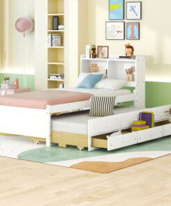 Twin Size Bed with  built-in USB ,Type-C Ports, LED light, Bookcase Headboard, Trundle and 3 Storage Drawers, Twin Size Bed with  Bookcase Headboard, Trundle and Storage drawers  ,White