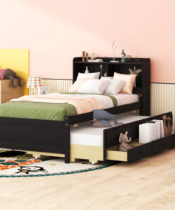 Twin Size Bed with  built-in USB ,Type-C Ports, LED light, Bookcase Headboard, Trundle and 3 Storage Drawers, Twin Size Bed with  Bookcase Headboard, Trundle and Storage drawers ,Espresso