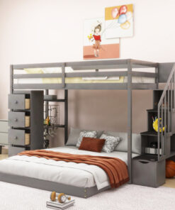 Twin Over Full Bunk Bed with 3-layer Shelves, Drawers and Storage Stairs, Gray