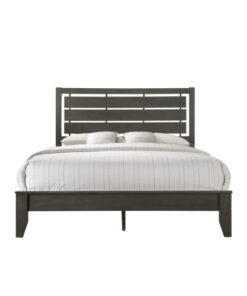 1pc Queen Size Gray Finish Panel Bed Geometric Design Frame Softly Curved Headboard Wooden Bedroom Furniture