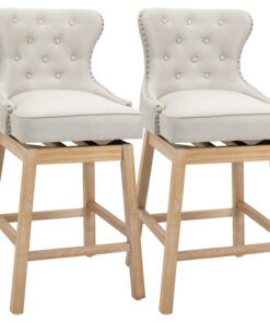 Upholstered Fabric Bar Height Bar Stools, 180° Swivel Nailhead-Trim Pub Chairs, 30" Seat Height with Rubber Wood Legs, Set of 2, Cream