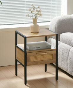 15.75" Rattan End table with  drawer, Modern nightstand, metal legs,side table for living room, bedroom,natural(1 pc)